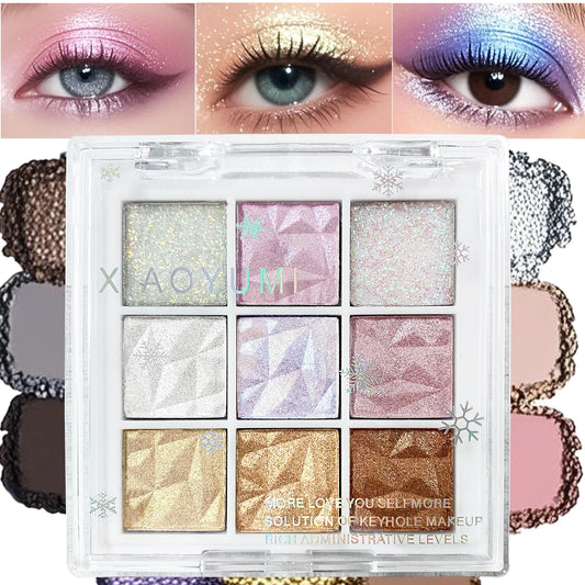 9-Color Snowflake Eyeshadow Palette – Shimmer & Glitter, High-Pigment, Long-Lasting Winter Makeup for Party & Holiday Looks