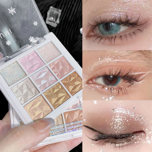 9-Color Snowflake Eyeshadow Palette – Shimmer & Glitter, High-Pigment, Long-Lasting Winter Makeup for Party & Holiday Looks